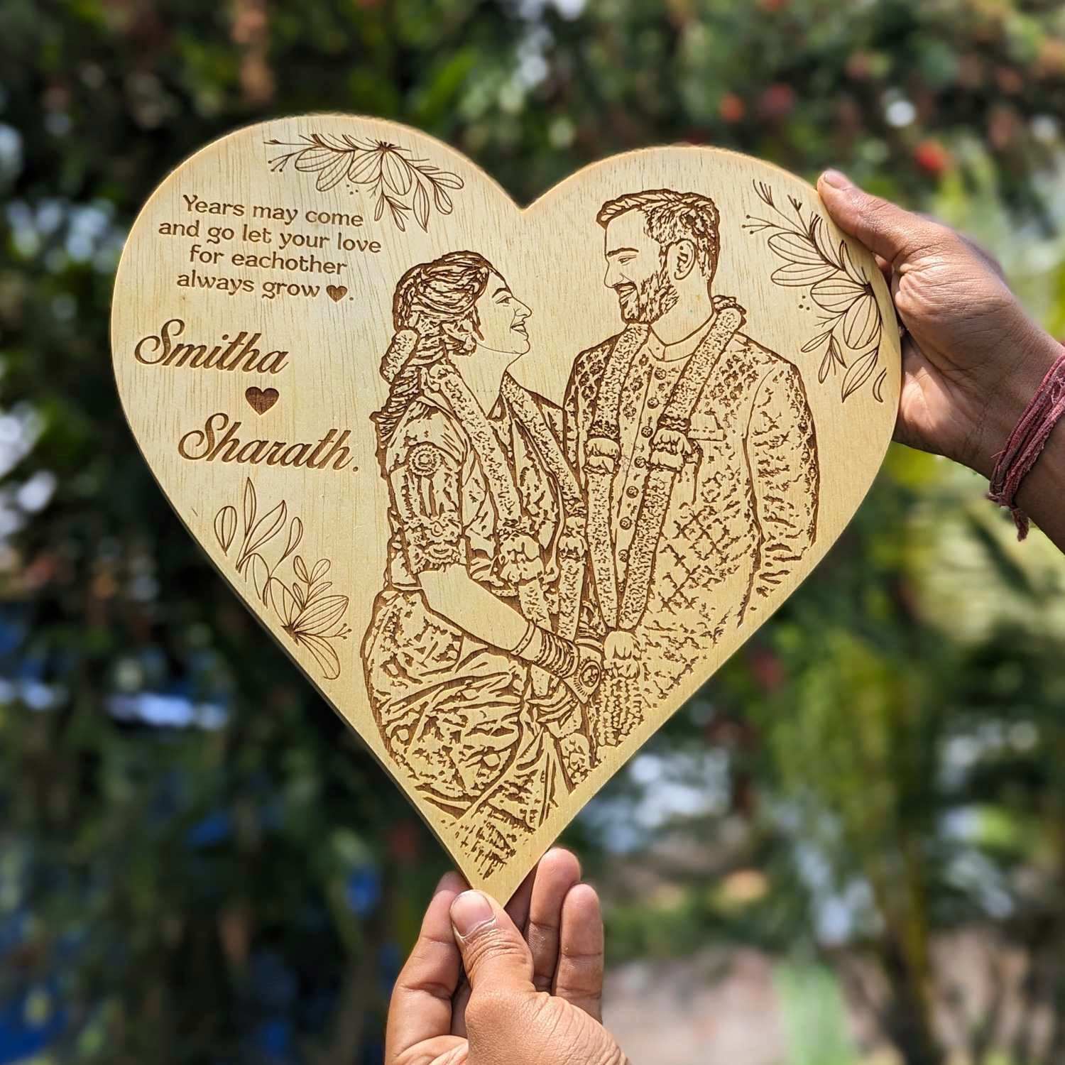 Years May Come & Go, But Love Always Grows – Personalized Heart-Shaped Engraved Wood Frame