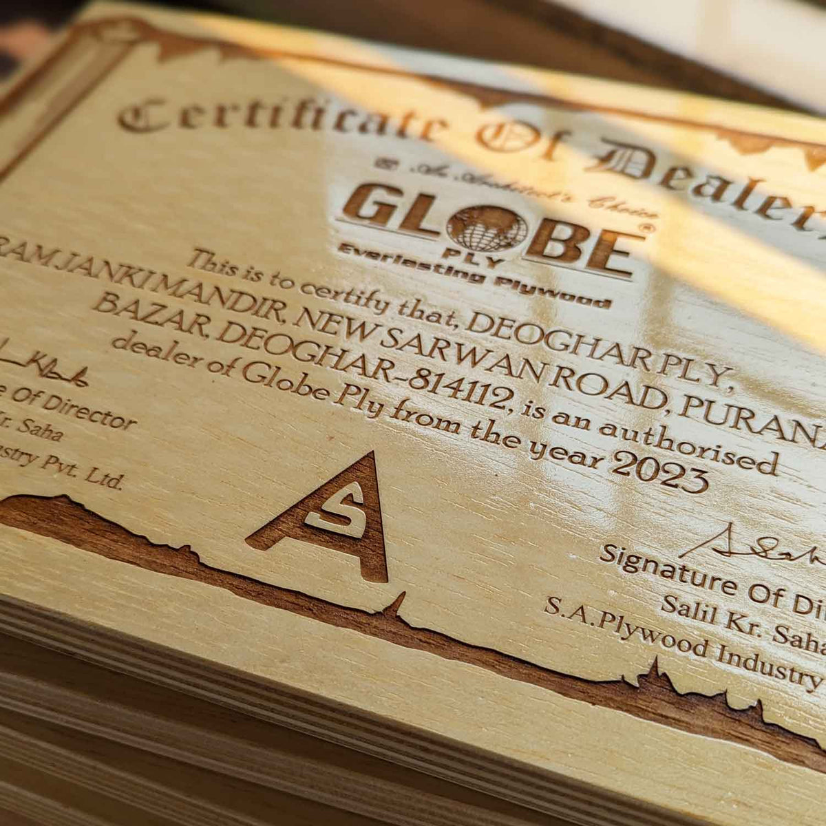 Wooden Certificate Of Dealership | Authorized Dealer Certificate