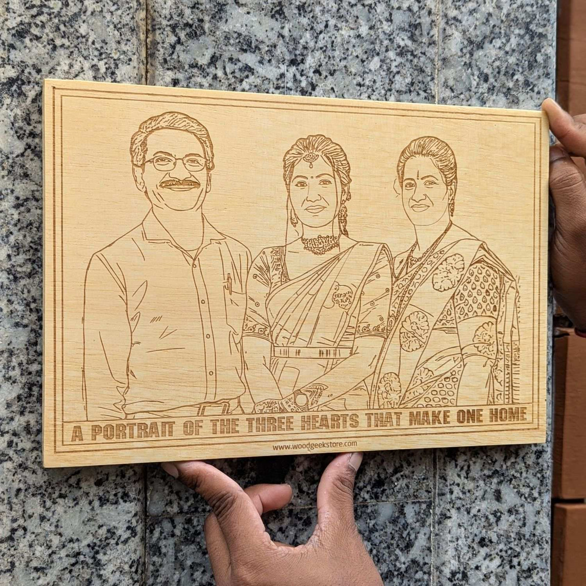 Three Hearts One Home Personalized Family Portrait Wood Plaque | Gifts For Mom &amp; Dad