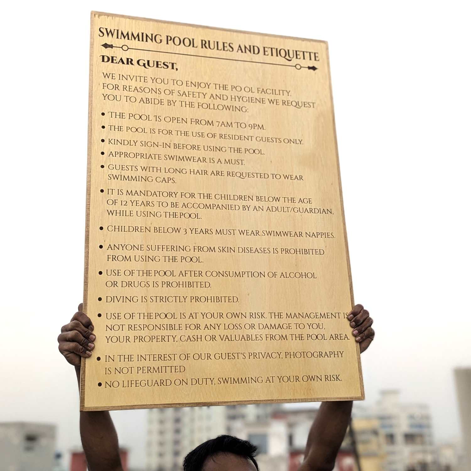 Customizable Large Wood Sign for Hotels & Cafes | Engraved Swimming Pool Safety Board