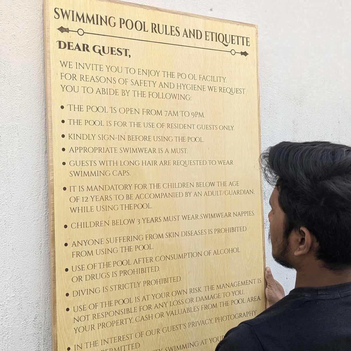 Customizable Large Wood Sign for Hotels &amp; Cafes | Engraved Swimming Pool Safety Board