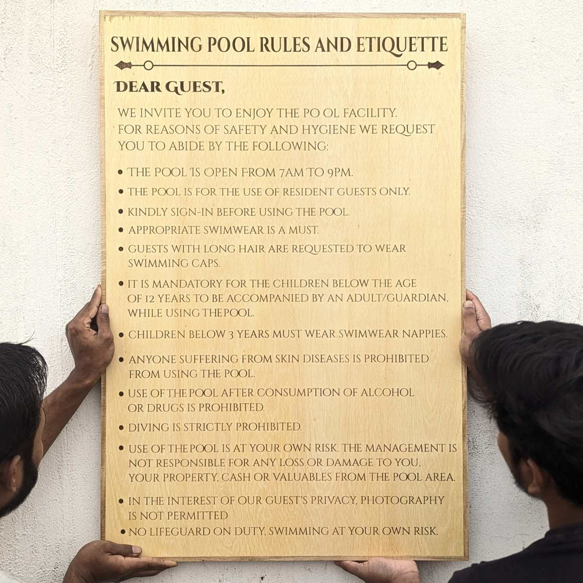 Customizable Large Wood Sign for Hotels &amp; Cafes | Engraved Swimming Pool Safety Board