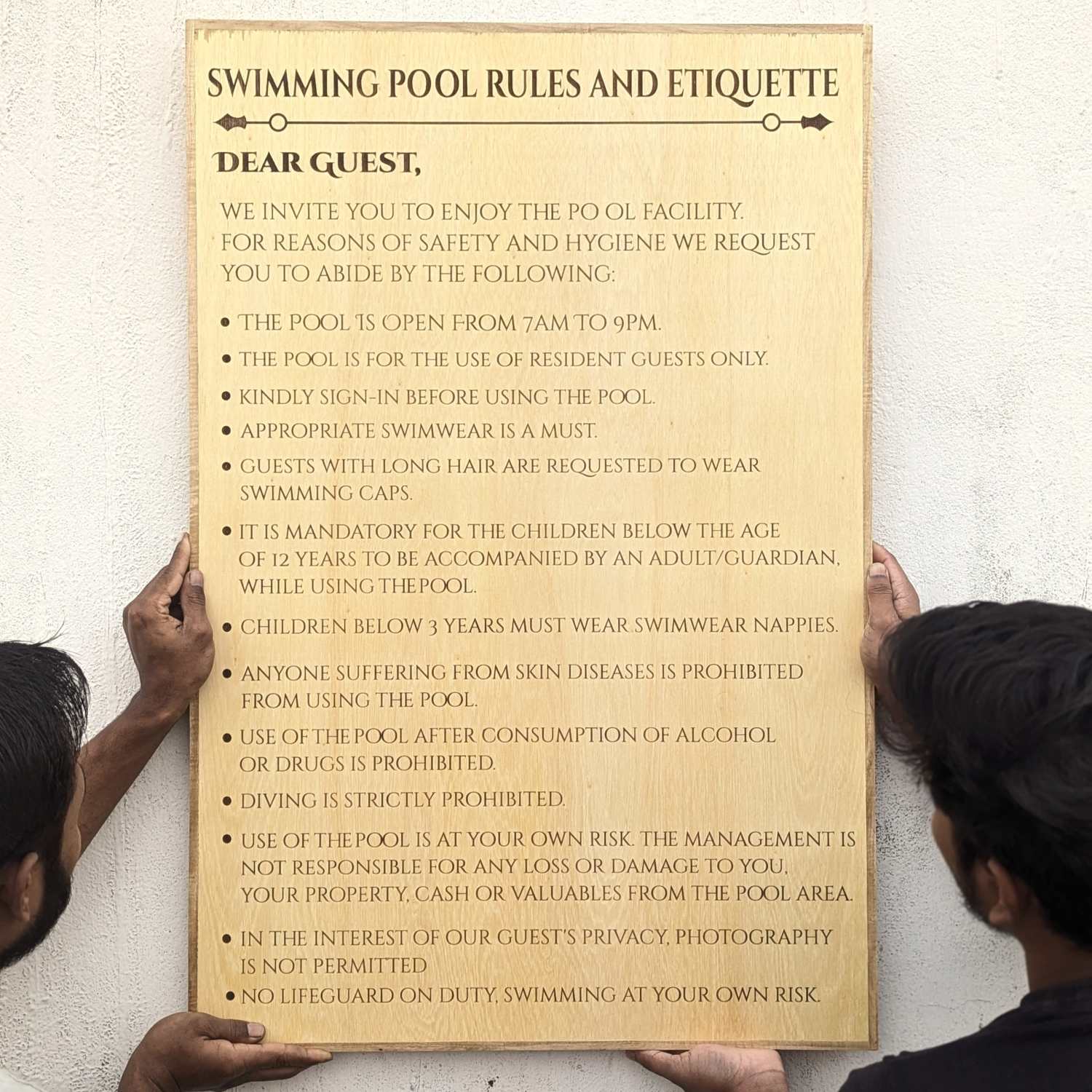 Customizable Large Wood Sign for Hotels & Cafes | Engraved Swimming Pool Safety Board