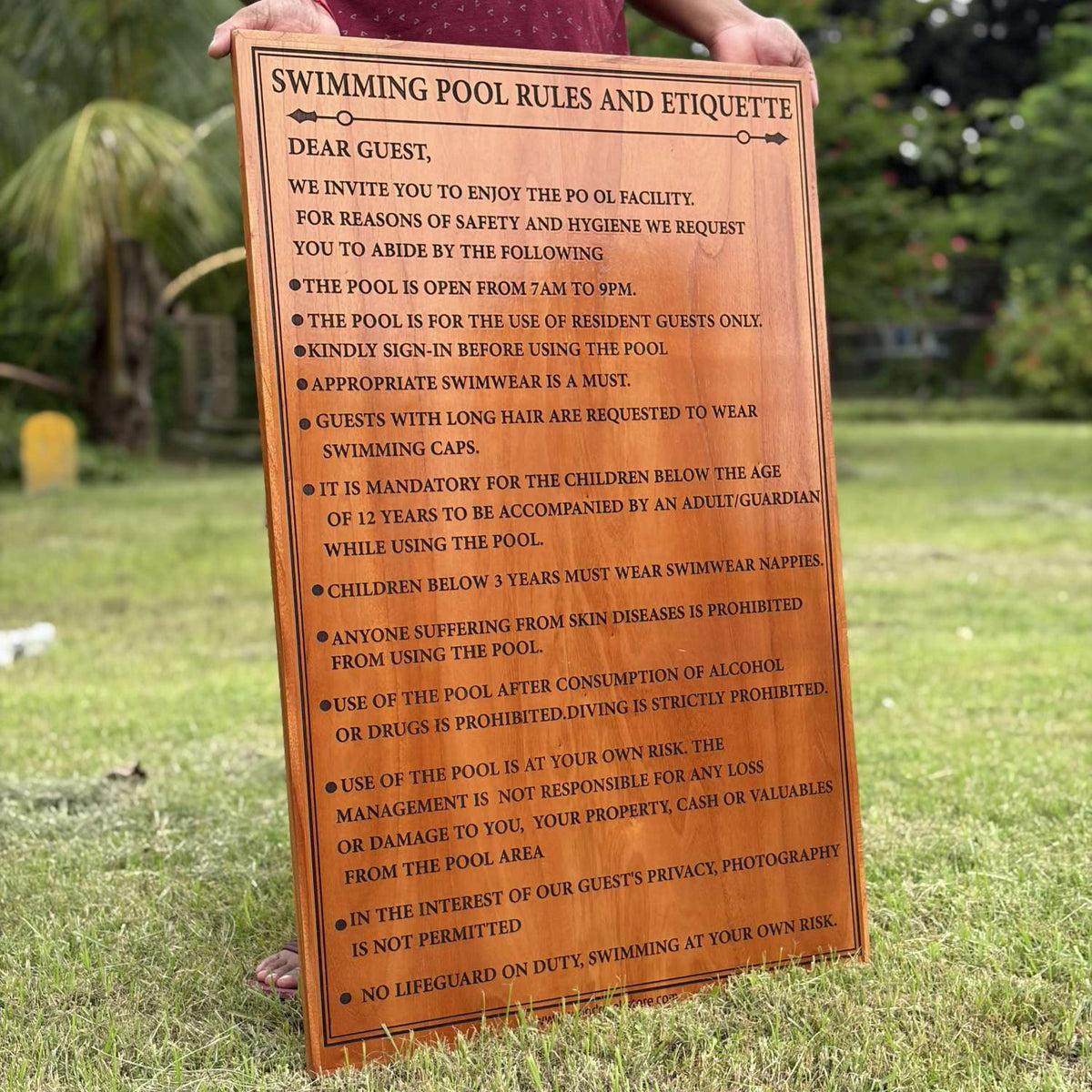 Customizable Large Wood Sign for Hotels &amp; Cafes | Engraved Swimming Pool Safety Board