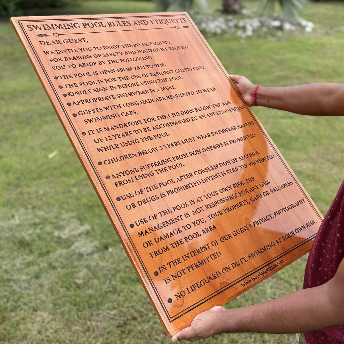 Customizable Large Wood Sign for Hotels &amp; Cafes | Engraved Swimming Pool Safety Board