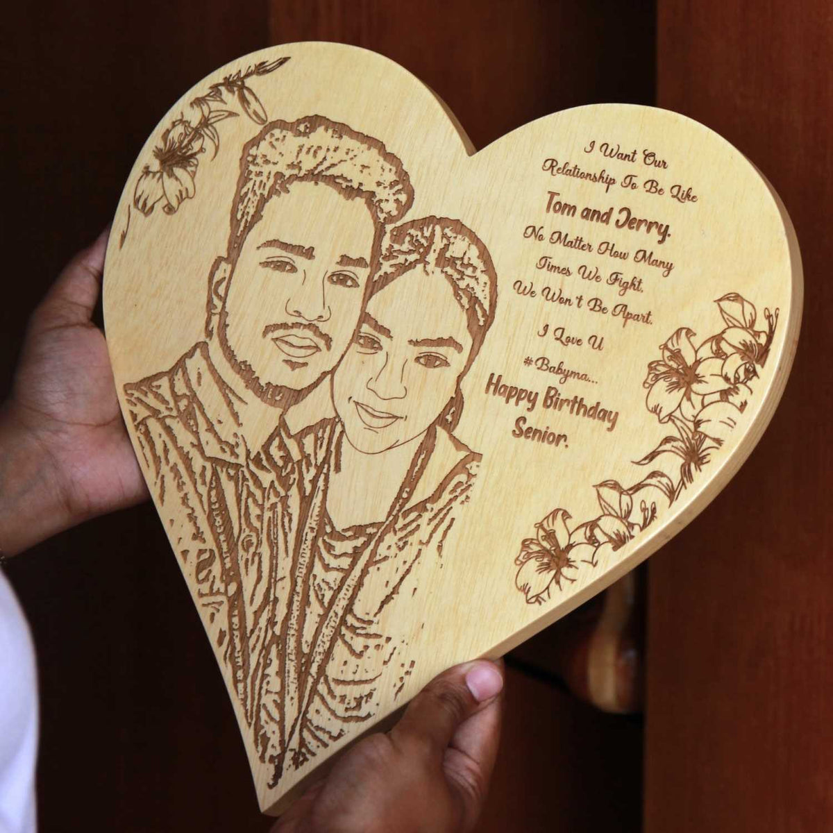 Tom &amp; Jerry Love, We fight, But Won’t Be Apart – Personalized Engraved Wooden Heart Frame