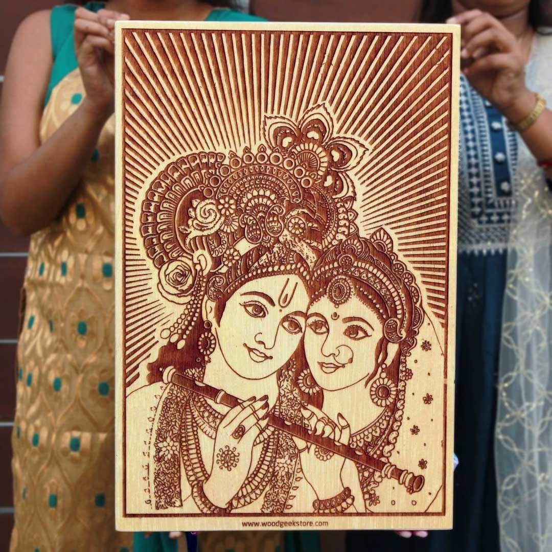 radha krishna hindu gods engraved in wood by woodgeekstore