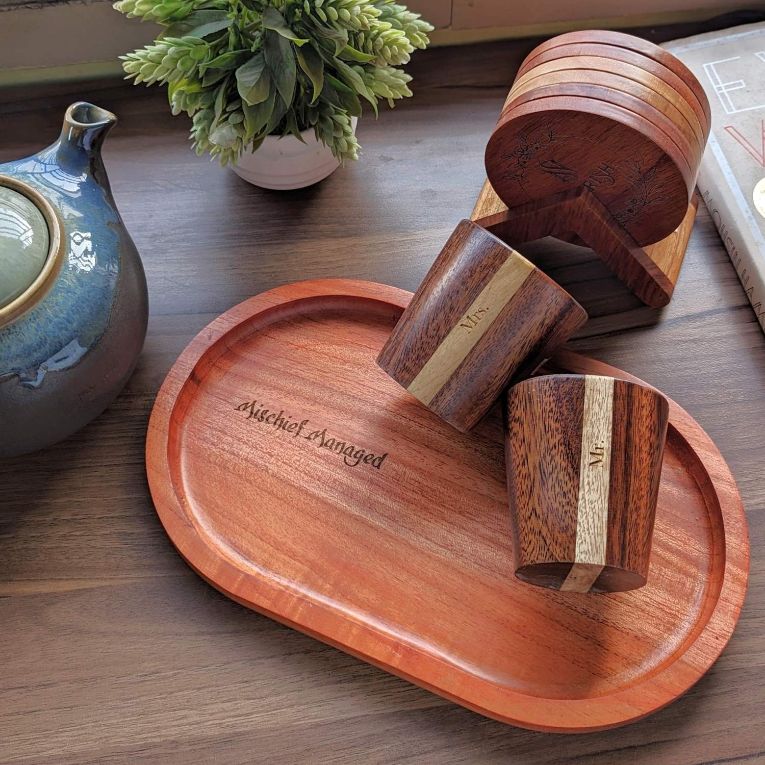 Personalized Birthday Gift Set For Tea Lover | Wooden Tea Cups, Tea Tray and Coaster set