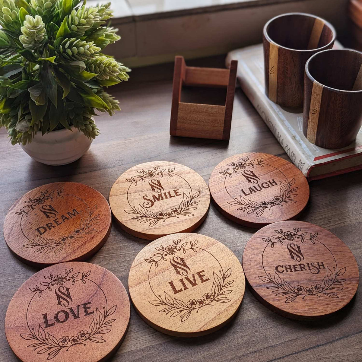 Personalized Birthday Gift Set For Tea Lover | Wooden Tea Cups, Tea Tray and Coaster set