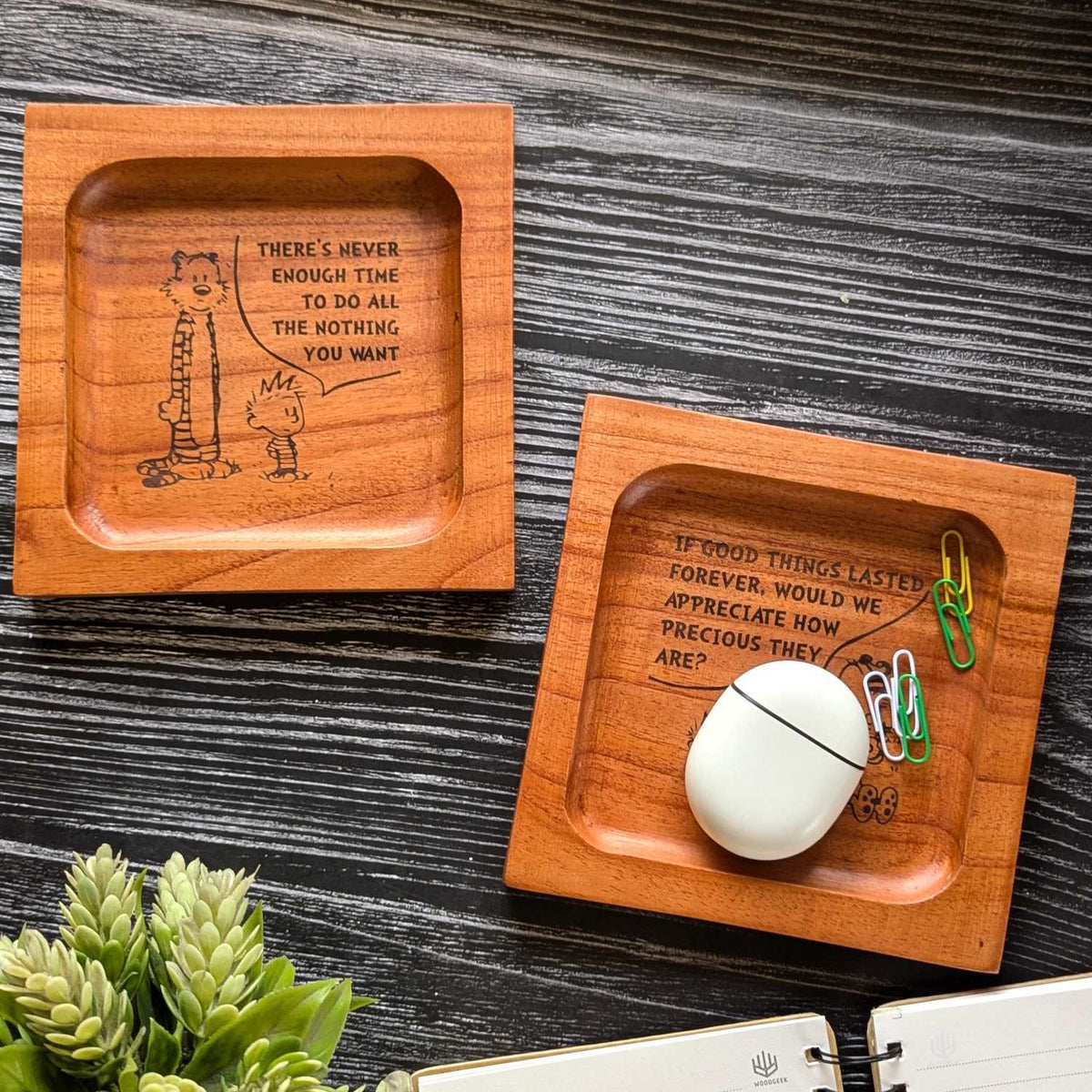 Personalized Calvin and Hobbes Wooden Desk Tray Set Of 2 | Custom Engraved Comic Art Organizer