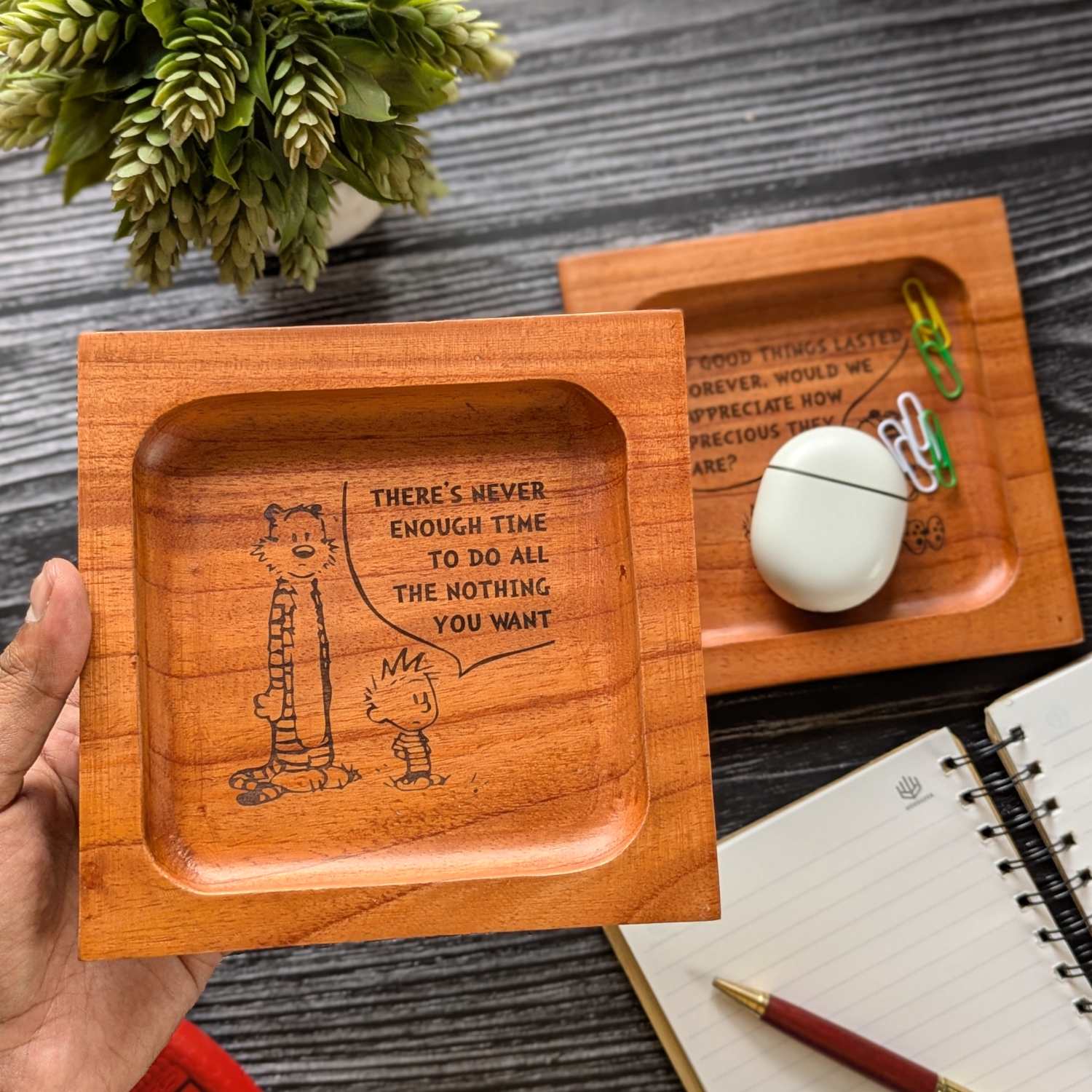 Personalized Calvin and Hobbes Wooden Desk Tray Set Of 2 | Custom Engraved Comic Art Organizer