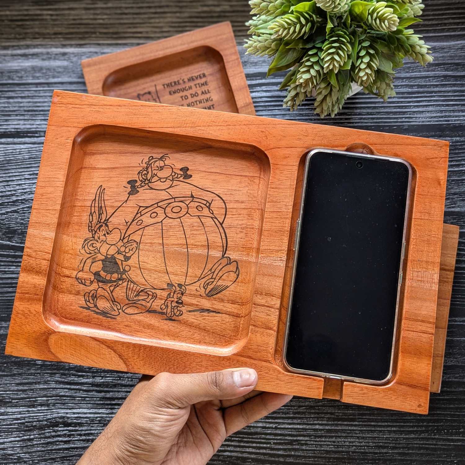 Custom Engraved Asterix & Obelix Wooden Phone Charging Tray | Personalized Desk Organizer