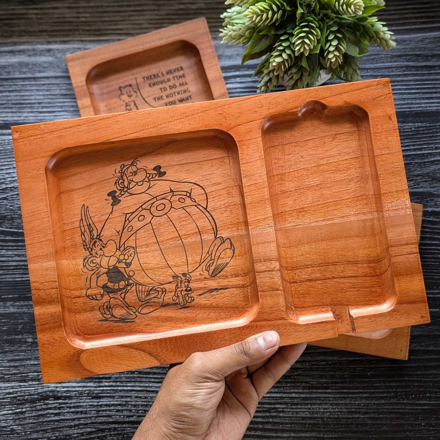 Custom Engraved Asterix & Obelix Wooden Phone Charging Tray | Personalized Desk Organizer