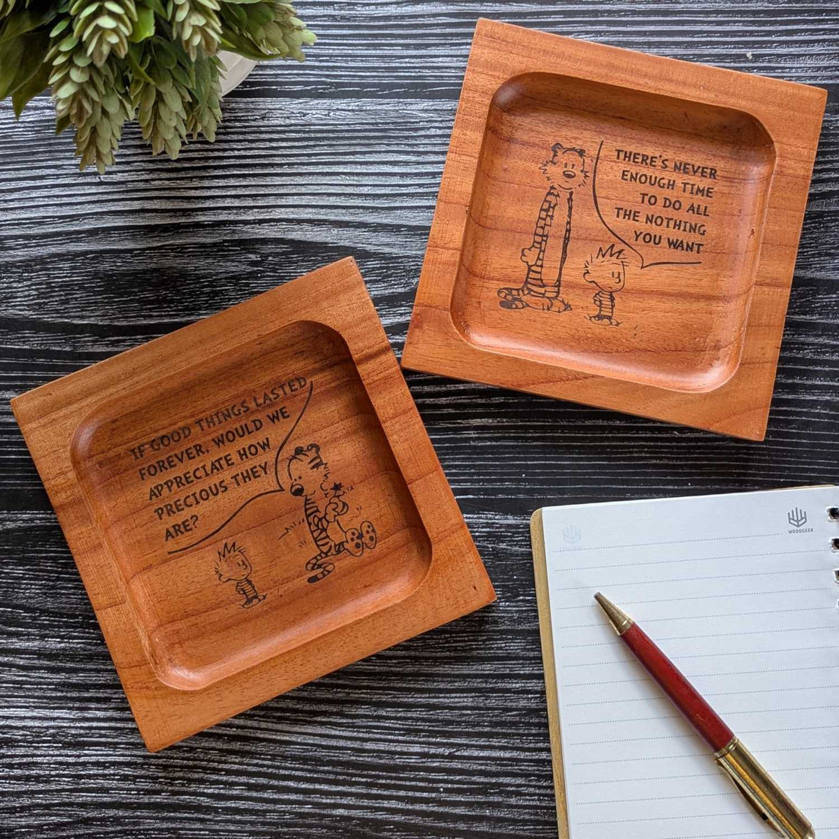 Personalized Calvin and Hobbes Wooden Desk Tray Set Of 2 | Custom Engraved Comic Art Organizer