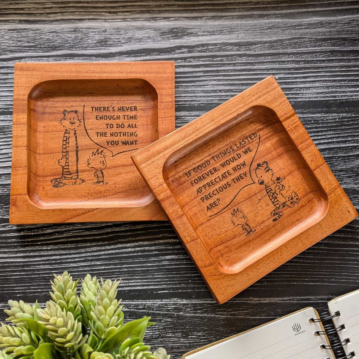 Personalized Calvin and Hobbes Wooden Desk Tray Set Of 2 | Custom Engraved Comic Art Organizer