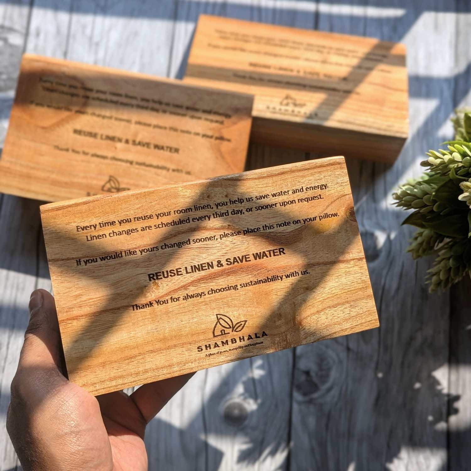 Custom Triangular Wooden Table Standee | Engraved Table Sign for Hotel Rooms & Business