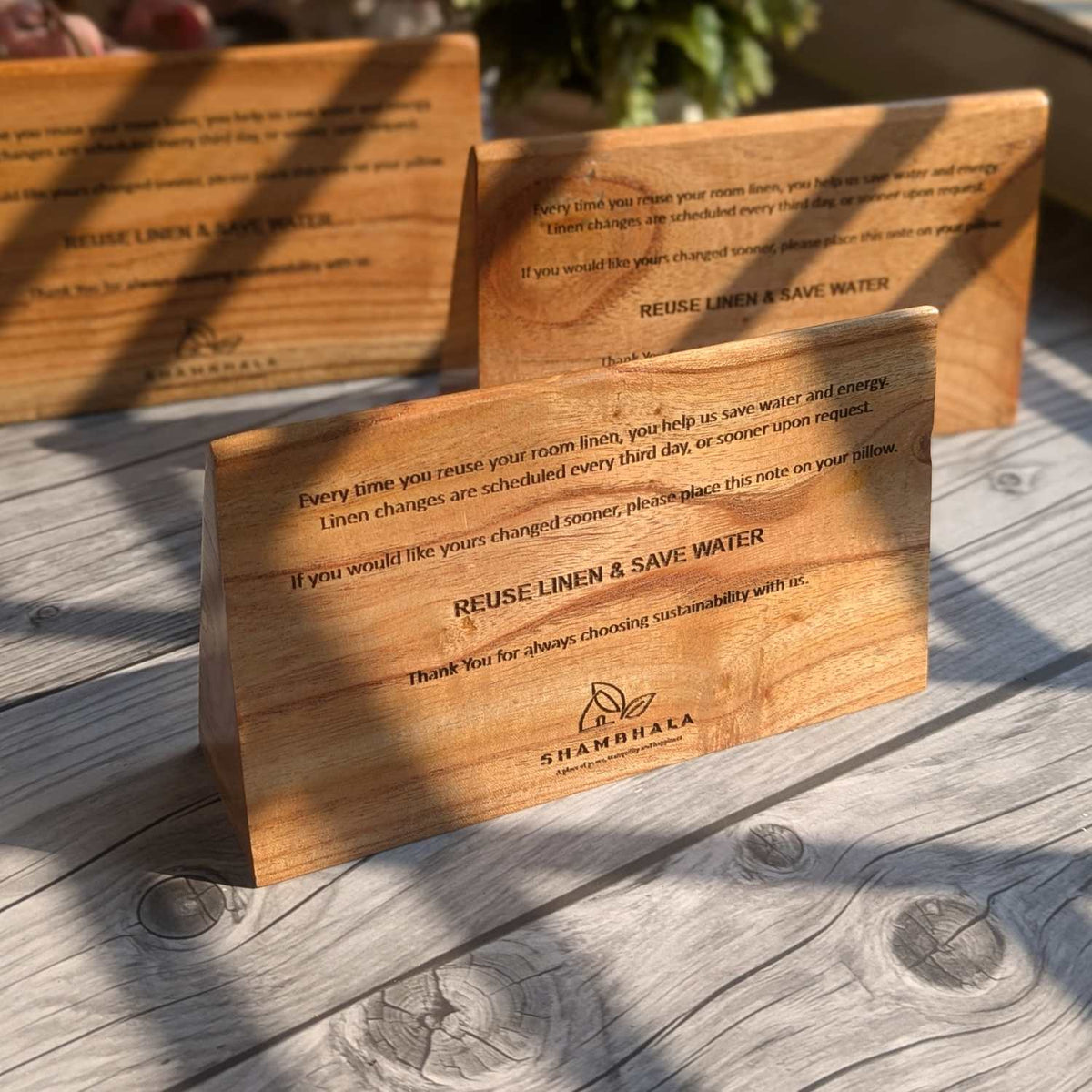 Custom Triangular Wooden Table Standee | Engraved Table Sign for Hotel Rooms &amp; Business