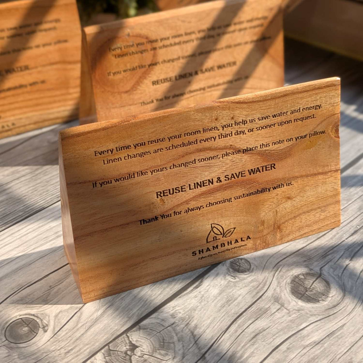 Custom Triangular Wooden Table Standee | Engraved Table Sign for Hotel Rooms &amp; Business