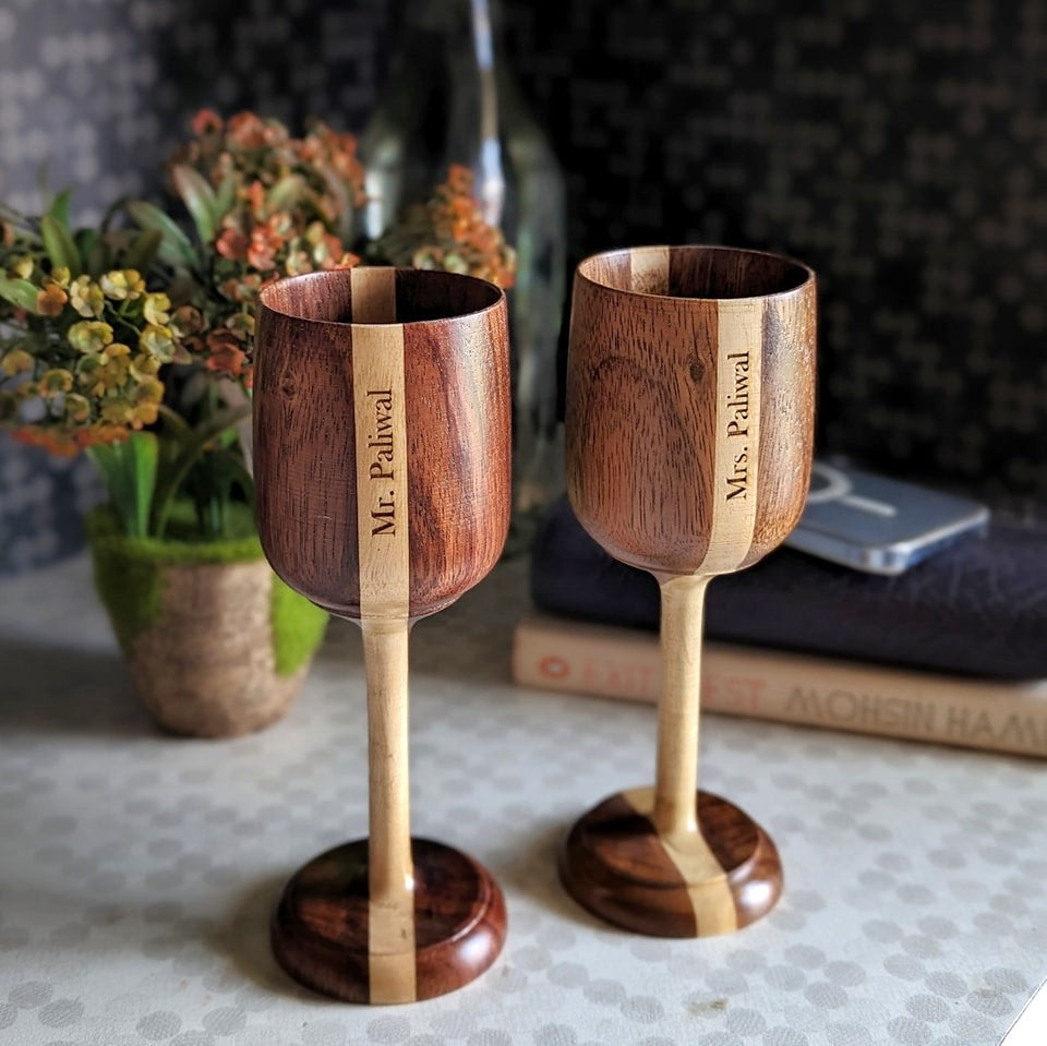 Personalized Wood Wine Goblets Engraved With Name | Anniversary Gift