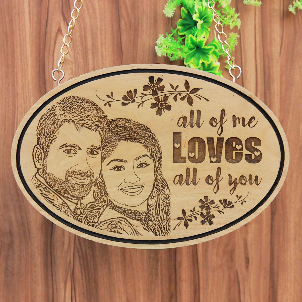 All Of Me Loves All Of You Wooden Photo Plaque. This Hanging Wooden Sign Is A Great Personalized Gift For Him. A Wood Engraved Photo For Her. Engrave Photo On Wood At Woodgeek Store