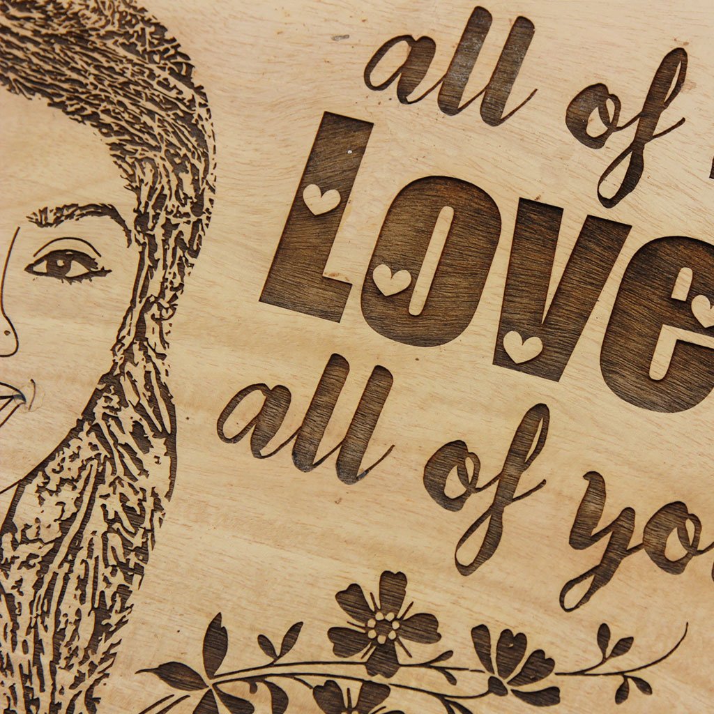 All Of Me Loves All Of You Wooden Photo Plaque. This Hanging Wooden Sign Is A Great Personalized Gift For Him. A Wood Engraved Photo For Her. Engrave Photo On Wood At Woodgeek Store