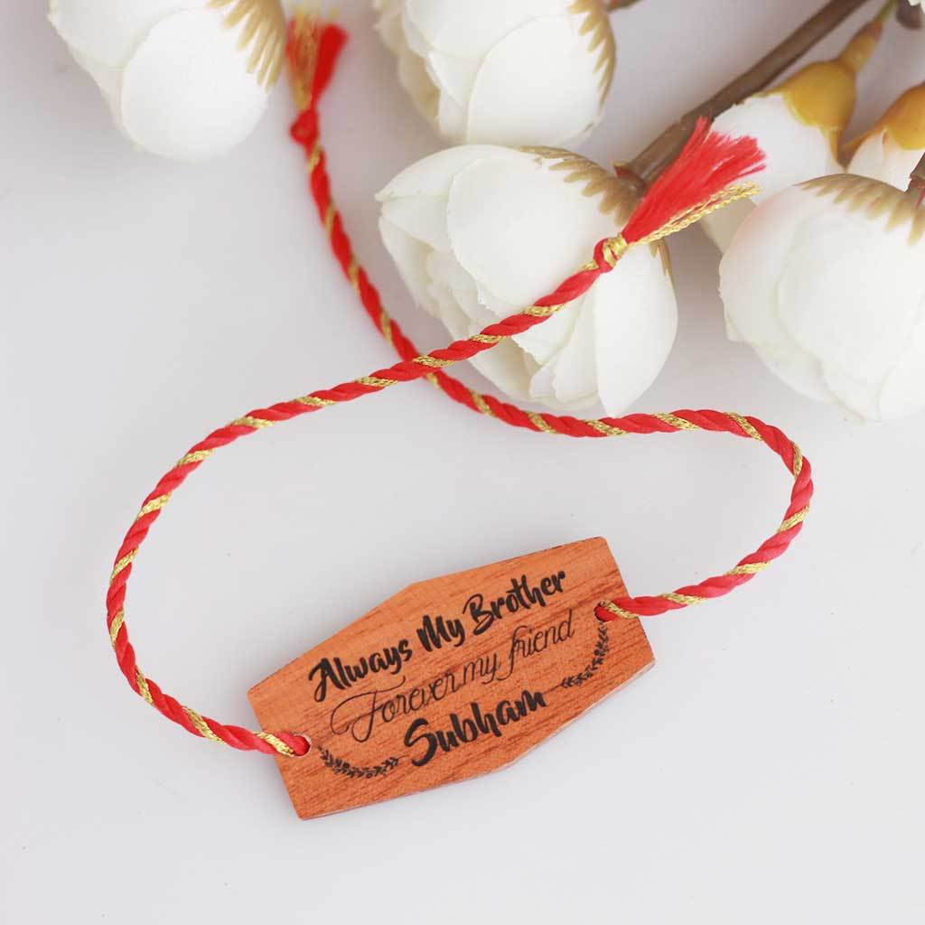Always My Brother Forever My Friend Personalised Rakhi and Raksha Bandhan Greeting Card. This Wooden Rakhi and Wooden Greeting Card Is The Best Rakhi Gift for Brother. Buy Rakhi Online and send Rakhi online with Woodgeek Store.