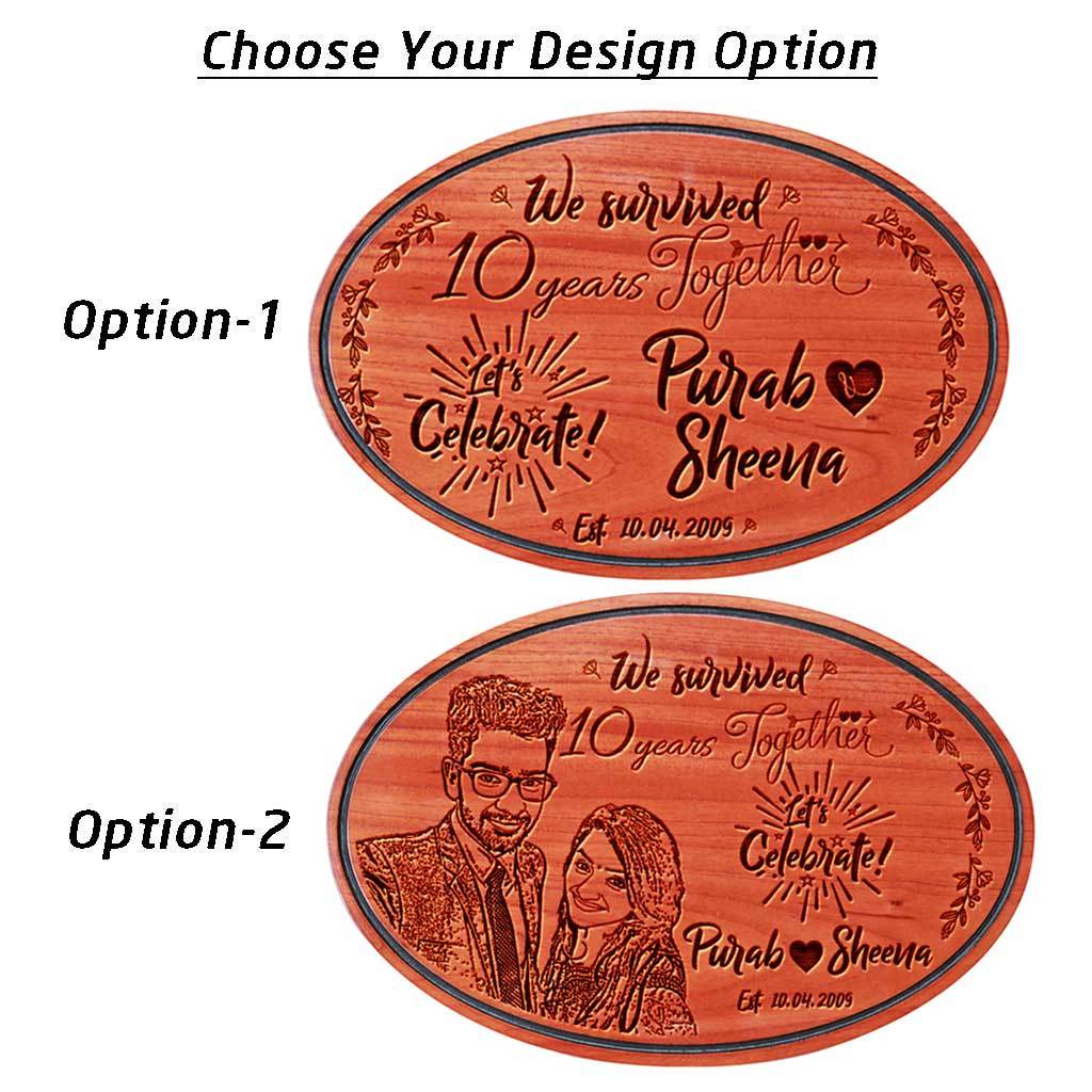 We Survived Funny Anniversary Wishes Engraved On Hanging Wooden Sign. This wood engraved photo is makes great photo gifts. This Personalized Wooden Plaque Is A Funny Anniversary Gift For Him And Her - These Hanging Name Signs Also Make Great Party Accessories For Anniversary Parties.