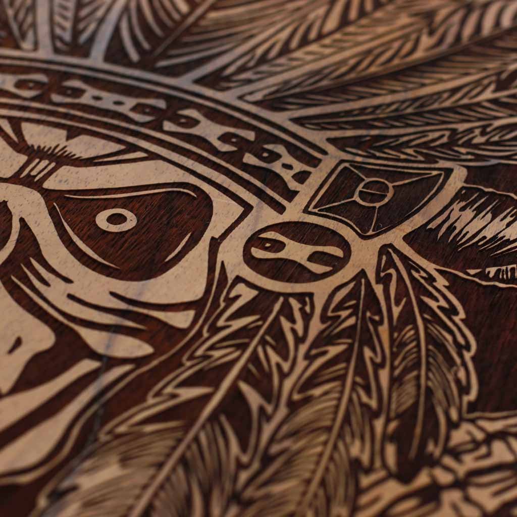 Wood Engraving - Aztec Warrior Carved Wooden Poster by Woodgeek Store - Character Art - Wooden Artwork - Aztec Skull Wood Wall Art Decor Online 