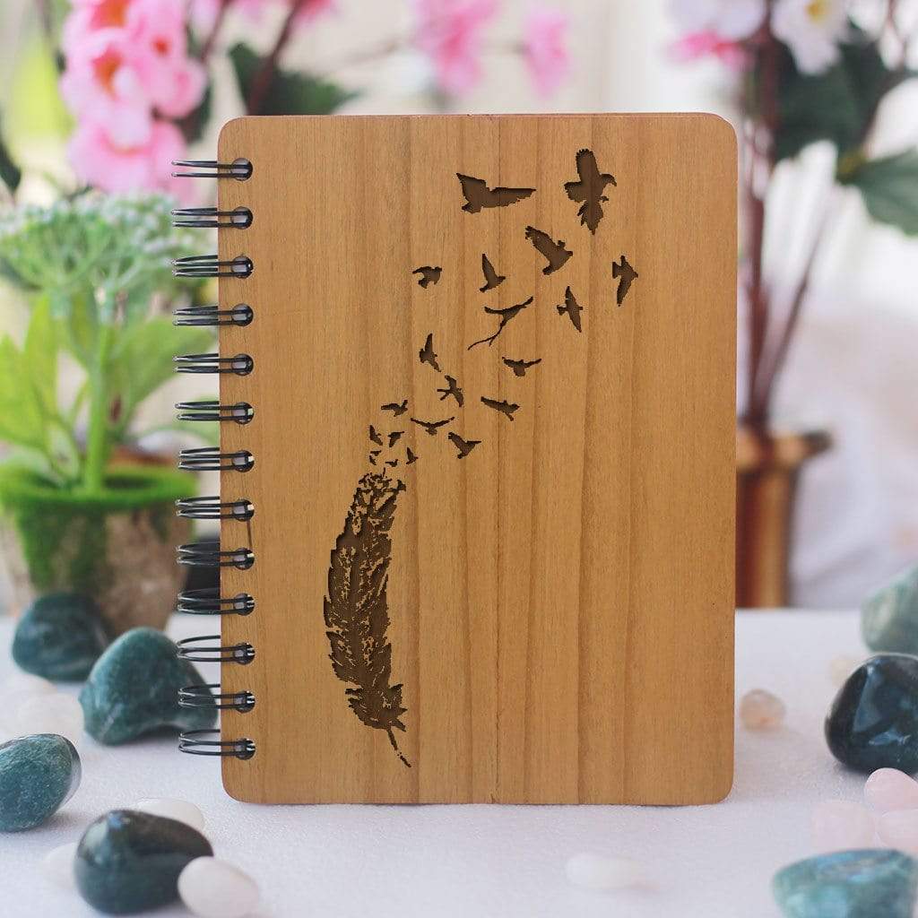 Feather breaking into birds wooden notebook - Freedom Notebook - Engraved Wood Journal by Woodgeek Store