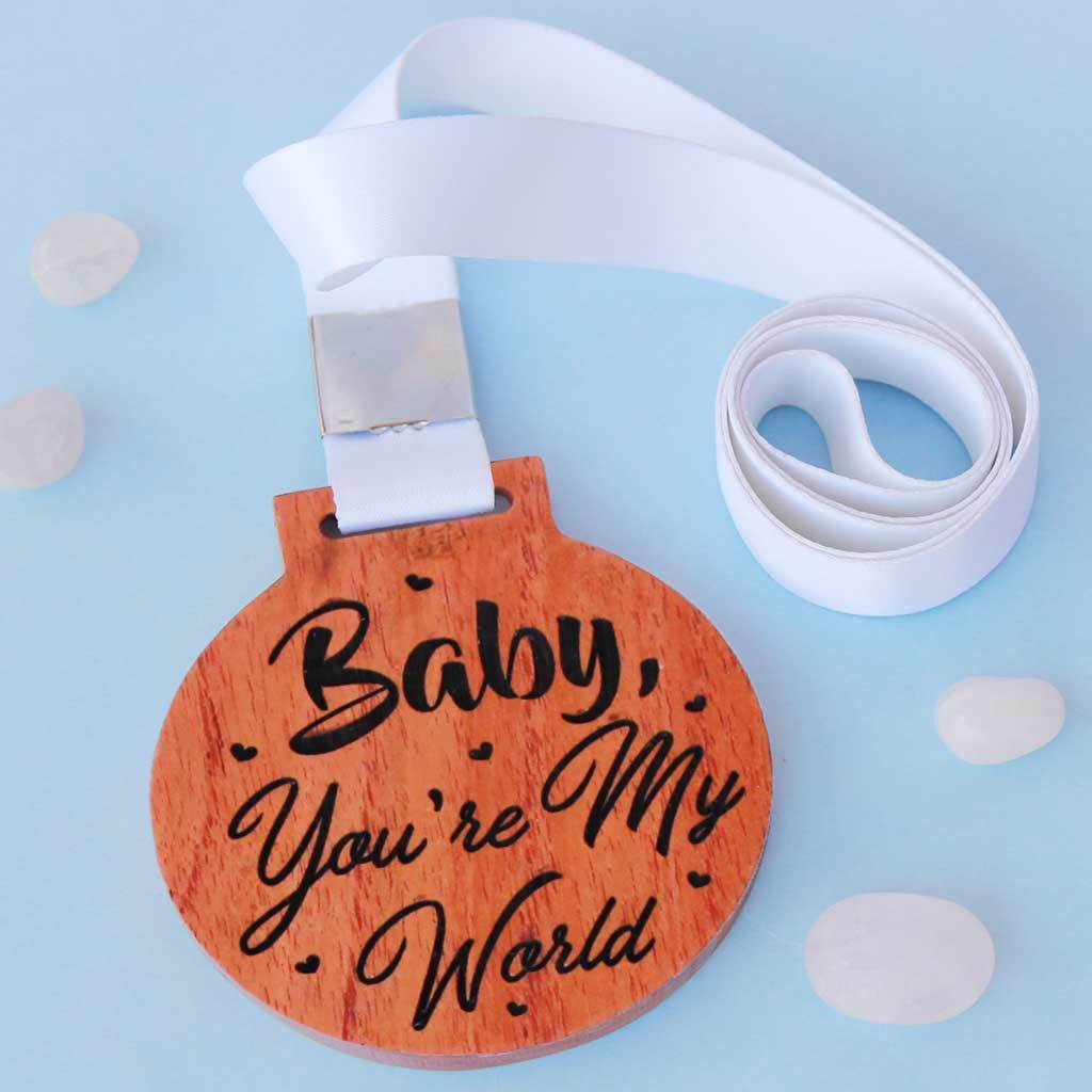 Baby, You're My World Engraved Medal. This is the perfect wedding day gift or Valentine's Day gift. Romantic Gifts For Him & Her.