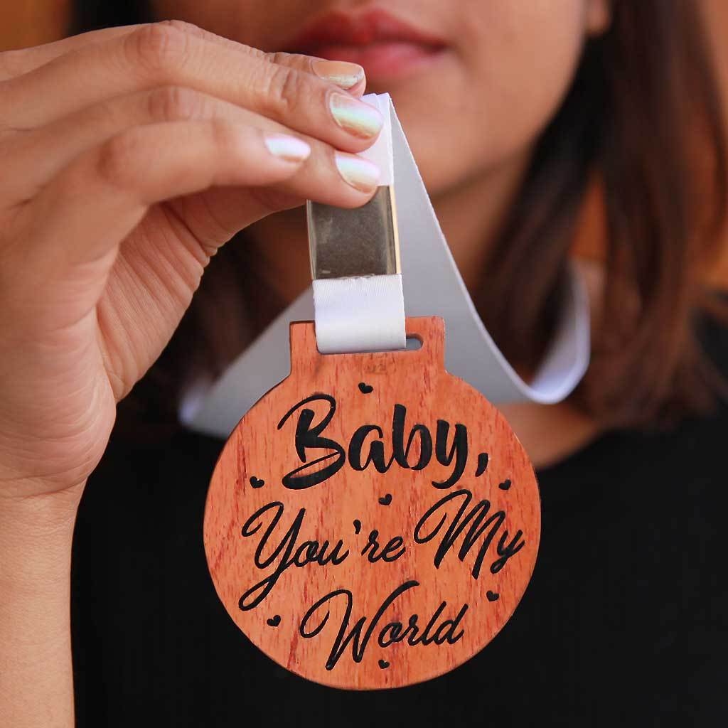 Baby, You're My World Engraved Medal. This is the perfect wedding day gift or Valentine's Day gift. Romantic Gifts For Him & Her.
