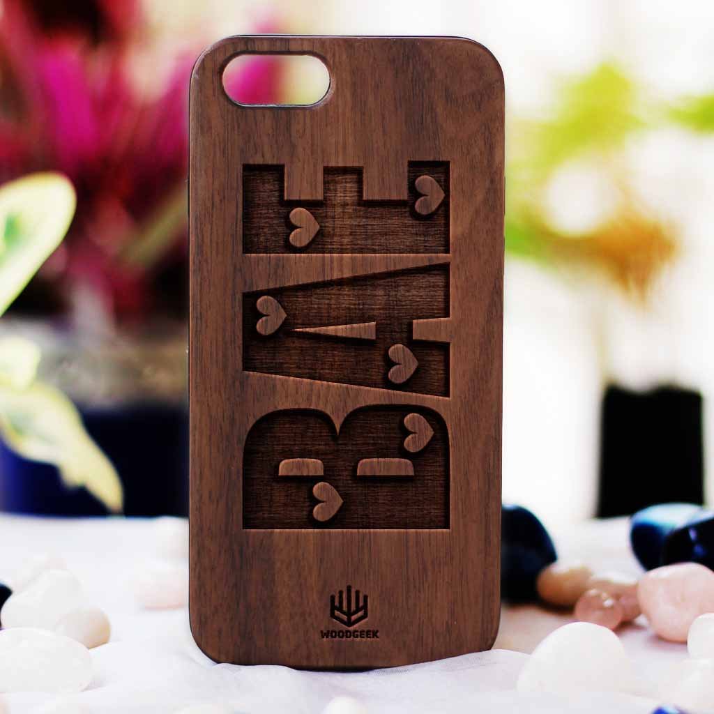 Bae Wooden Phone Case from Woodgeek Store - Walnut Wood Phone Case - Engraved Phone Case - Wooden Phone Covers - Custom Wood Phone Case - Cool &amp; Funny Phone Cases