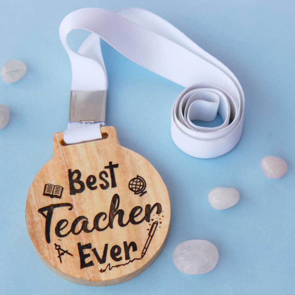 Best Teacher Ever Wooden Medal - This Custom Engraved Medal Is A Great Teacher's Day Gift - This Custom Medal Makes Perfect Appreciation Awards For Teachers