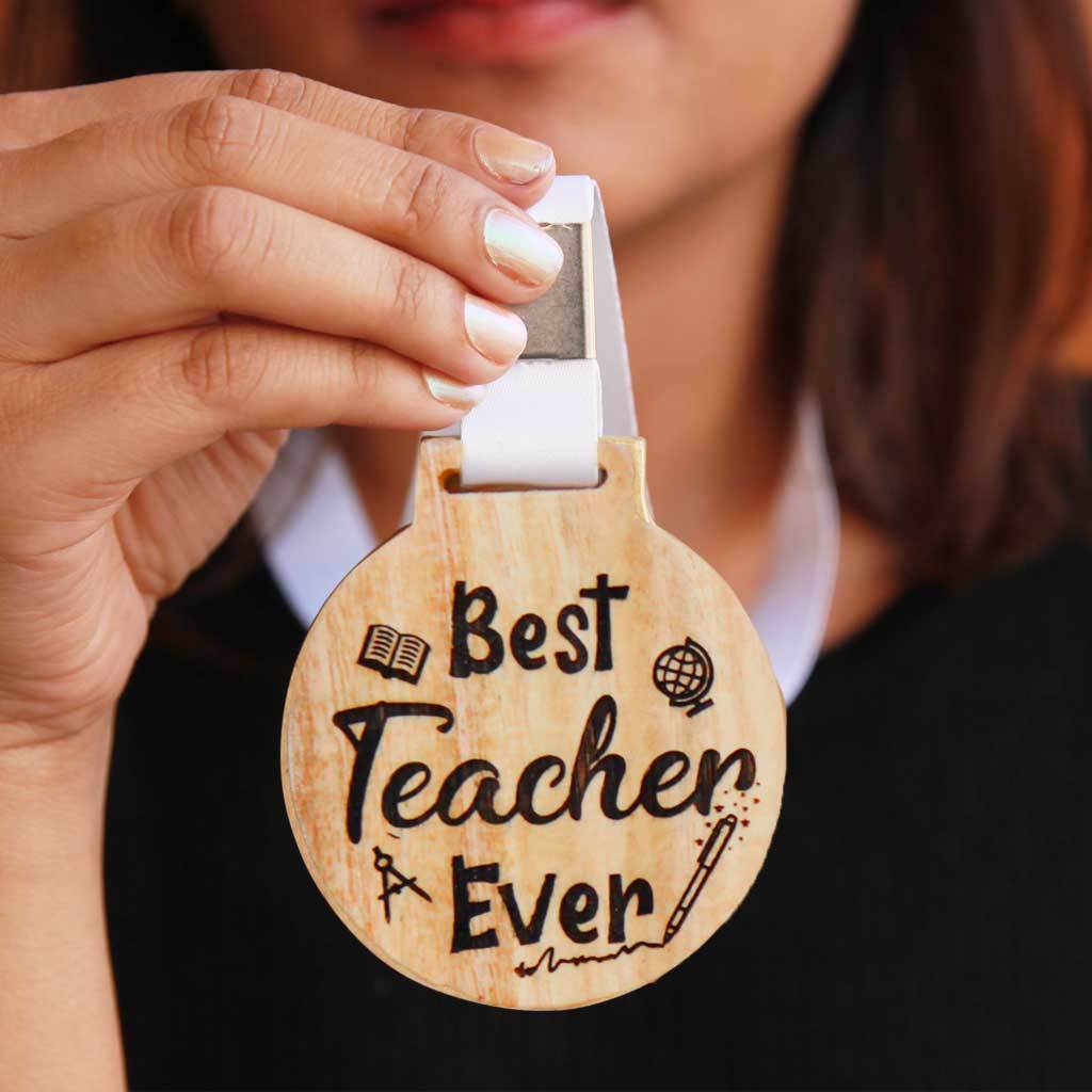 Best Teacher Ever Wooden Medal - This Custom Engraved Medal Is A Great Teacher's Day Gift - This Custom Medal Makes Perfect Appreciation Awards For Teachers