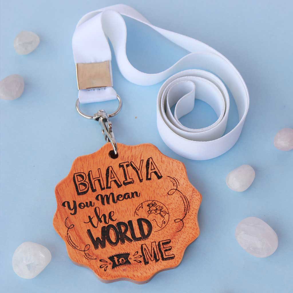 Bhaiya You Mean The World To Me Wooden Medal With Ribbon - This Custom Medal Can Be Presented As An Award For The Best Brother - These Unique Medals Make One Of The Best Gifts For Brother.