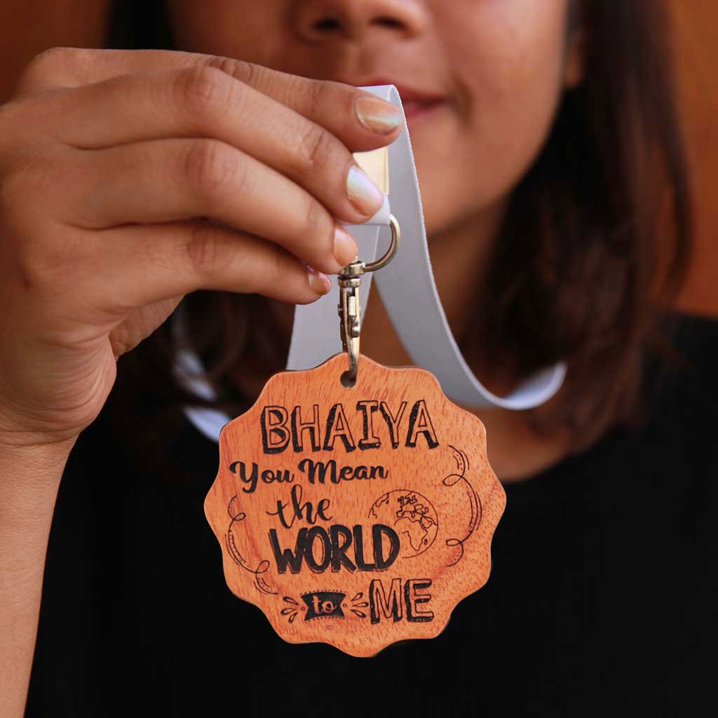 Bhaiya You Mean The World To Me Wooden Medal With Ribbon - This Custom Medal Can Be Presented As An Award For The Best Brother - These Unique Medals Make One Of The Best Gifts For Brother.