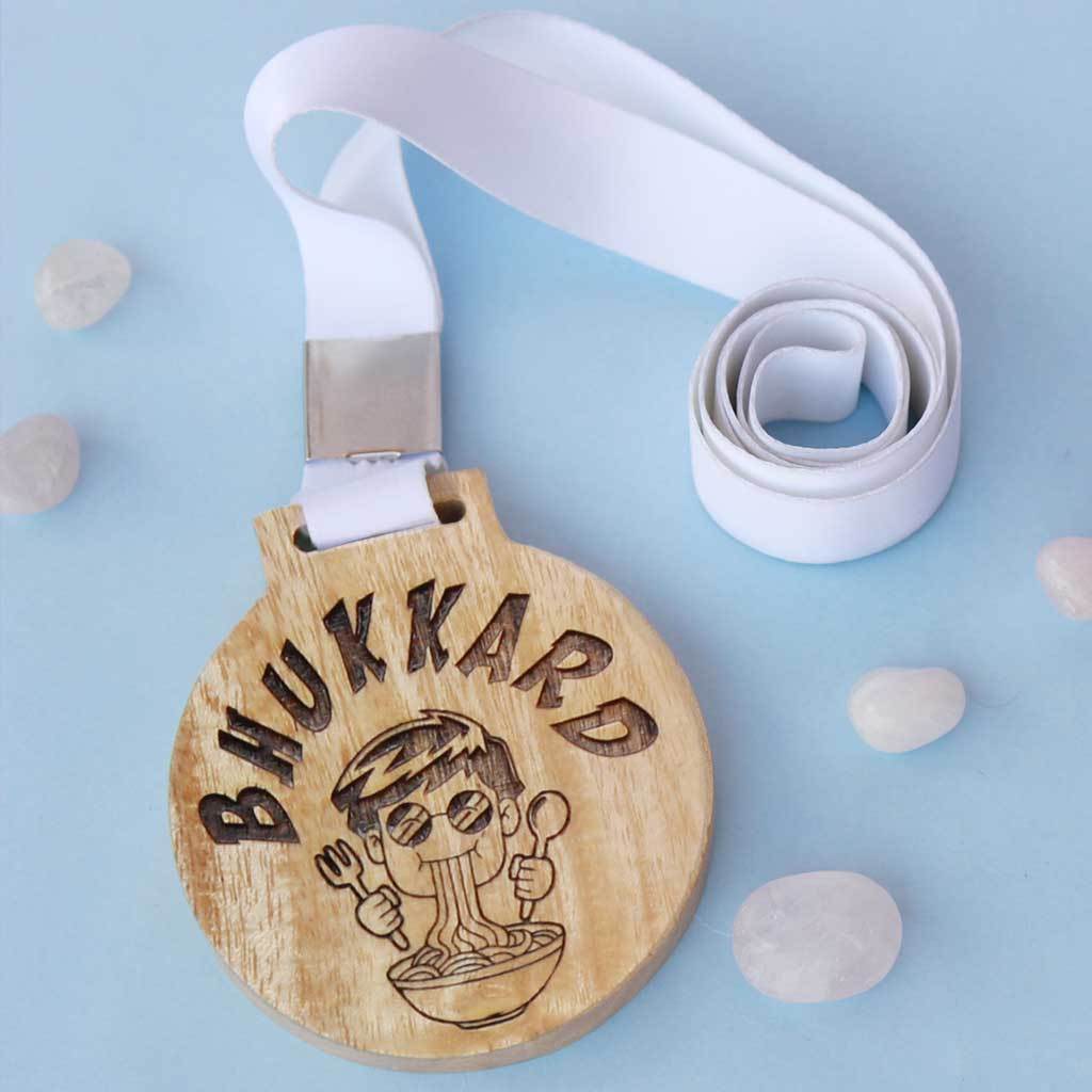 Bhukkad Wooden Medal With Ribbon. This Funny Medal Is The Best Gifts For Foodies. This Custom Engraved Medal Makes A Funny Gift For Friends &amp; Great Friendship Day Gifts
