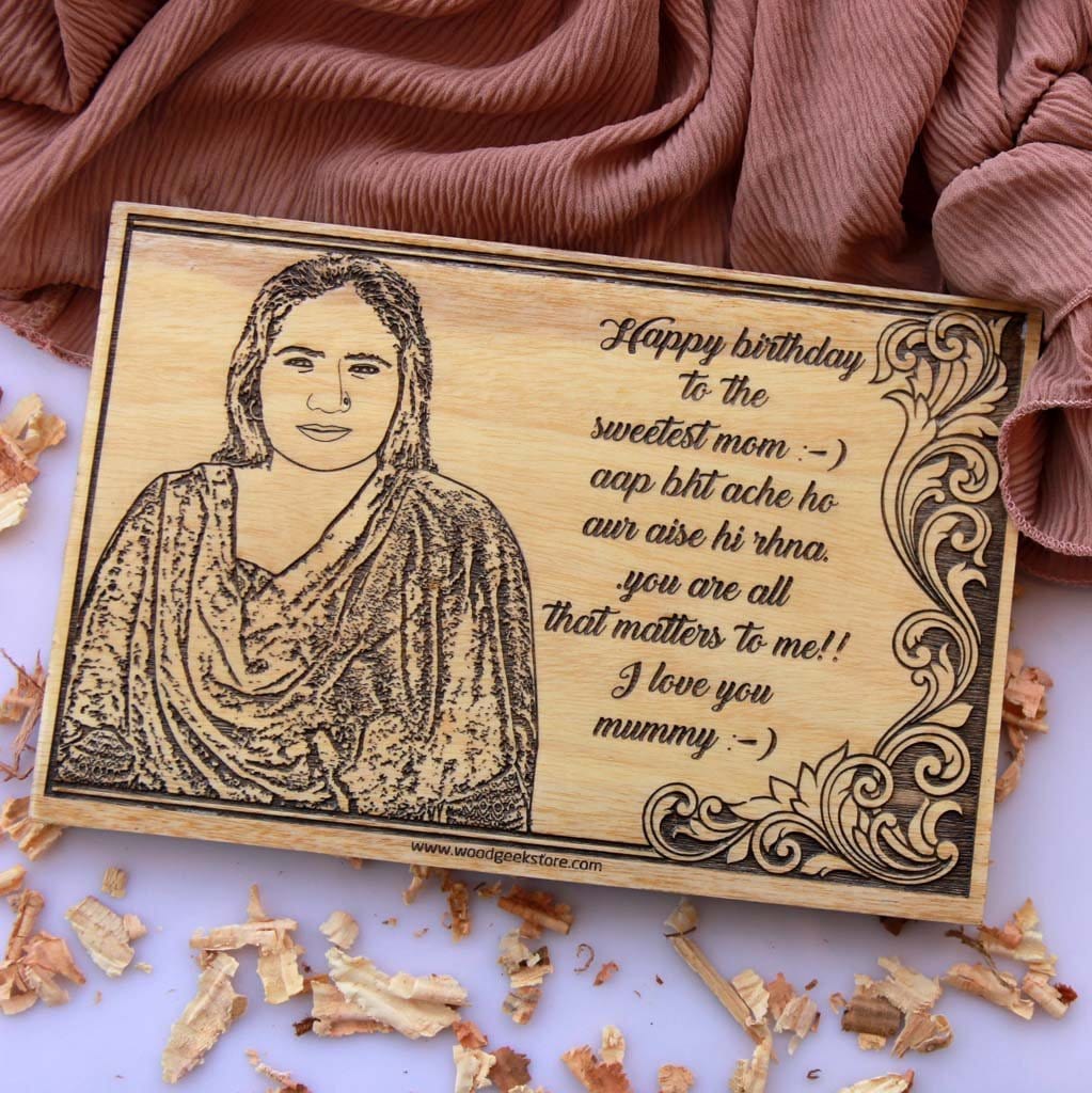 Photo engraving on wood and a carved birthday message makes best birthday gifts for mom. A gift for mother engraved with a photo on wood. Looking for gifts for mom? This Personalised Gift Is Perfect!