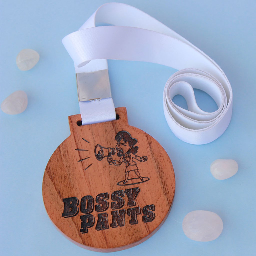 Bossypants Engraved Medal Award That Comes With A Ribbon. This is a funny award for office colleagues & a great gift for a bossy friend.