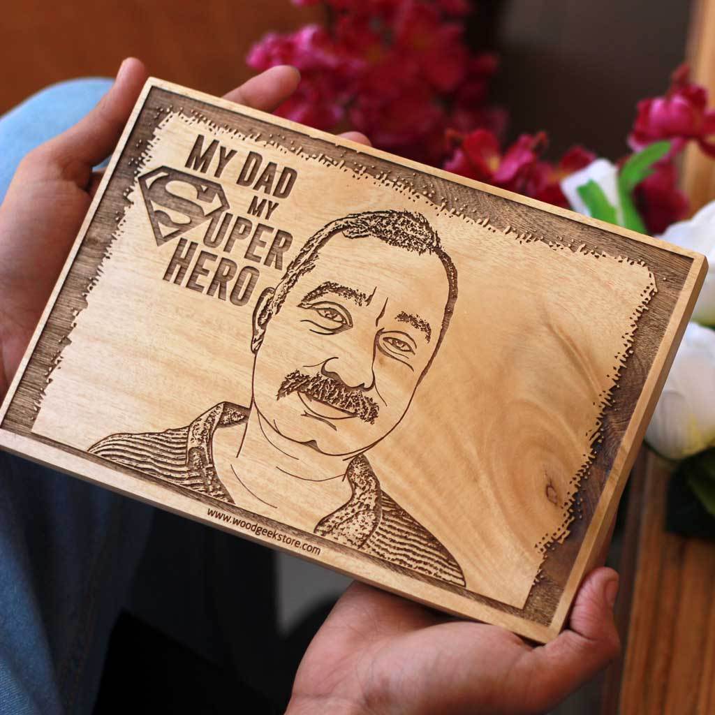 My Superhero My Dad - World&#39;s Best Dad - Wooden Picture Frames - Photo on Wood - Personalized Wood Wall Art - Best Personalized Gifts - Engraved Wooden Photo Frames - Gifts for Dad - Father&#39;s Day Gifts - Woodgeek Store