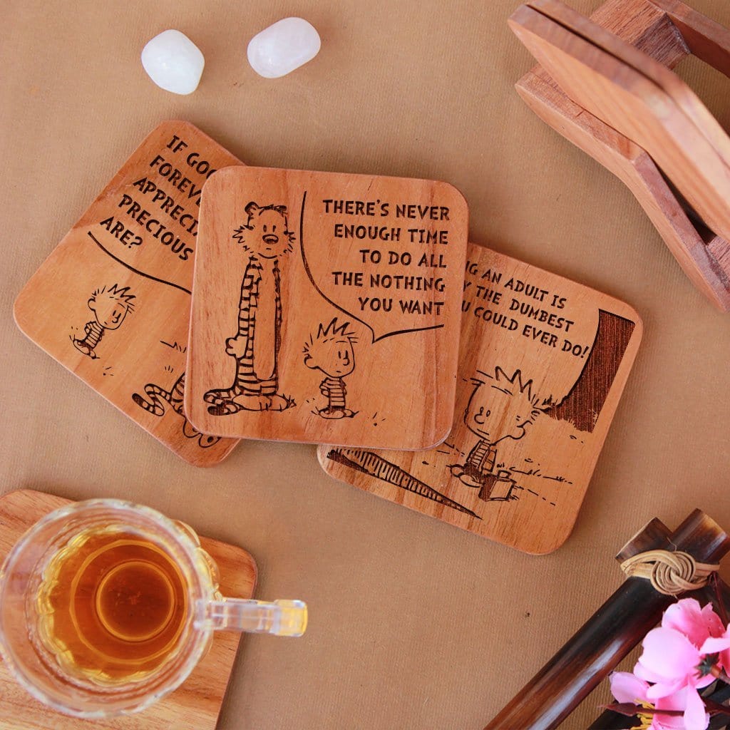 Calvin and Hobbes - Wooden Coaster Set With Holder