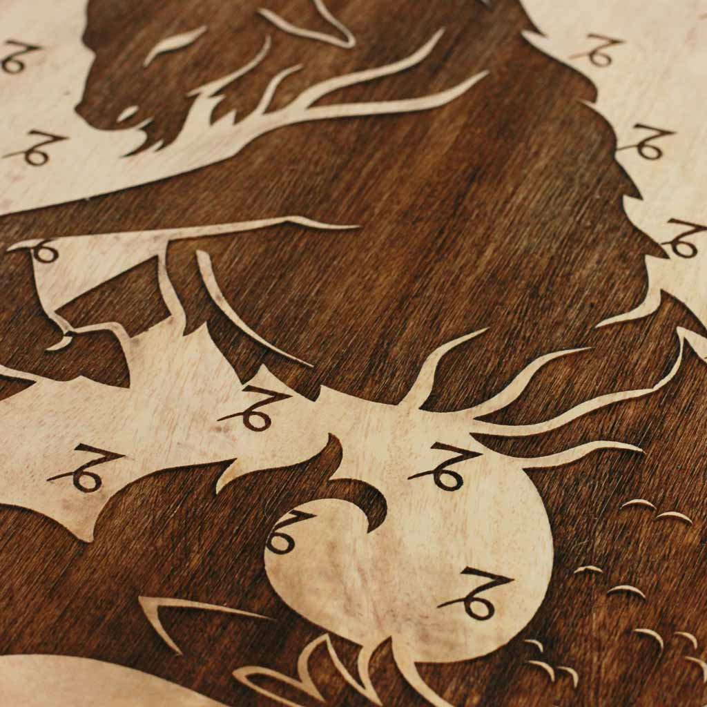 Wood Engraving - Capricorn The Goat Fish Carved Wooden Poster by Woodgeek Store - Zodiac Sign Wooden Artwork - Buy Wood Wall Art Decor Online 