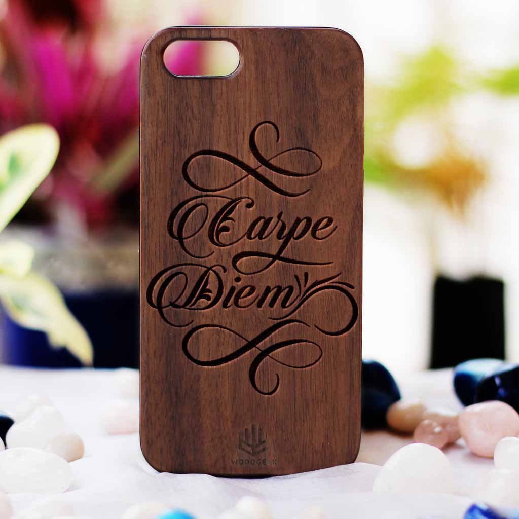 Carpe Diem Wooden Phone Case - Walnut Wood Phone Case - Engraved Phone Case - Inspirational Phone Case - Woodgeek Store