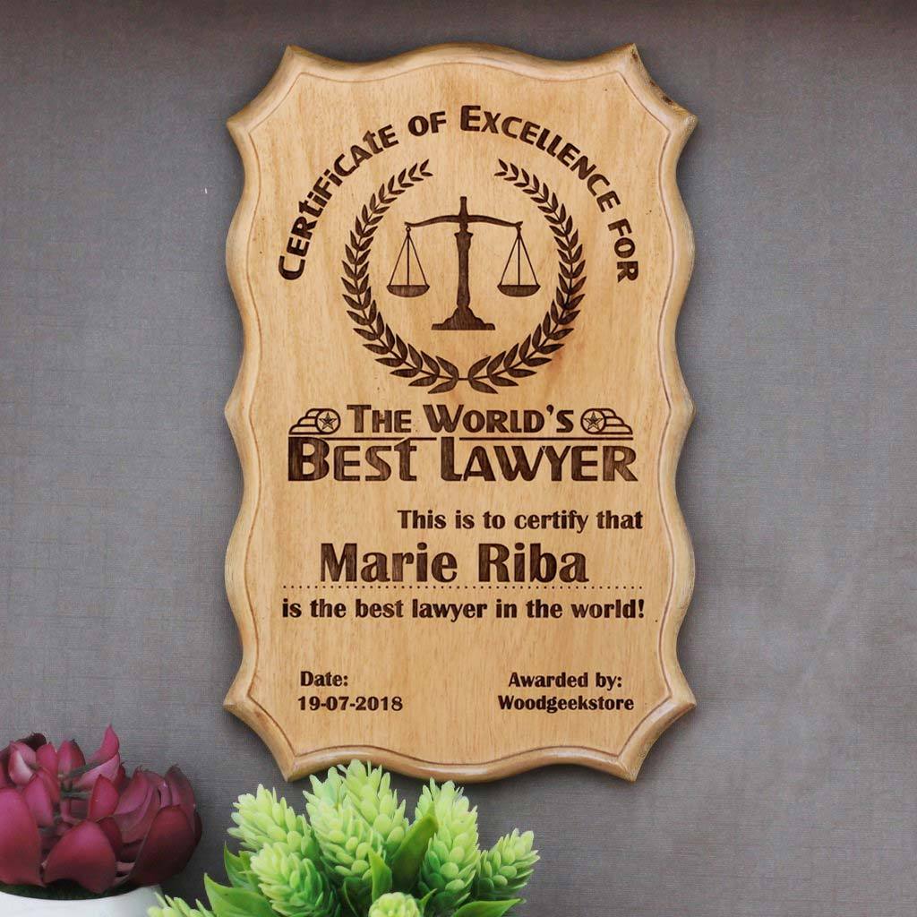 Certificate of Excellence for The World's Best Lawyer - Certificate of Recognition - Certificate of Appreciation - Custom Wooden Certificate by Woodgeek Store