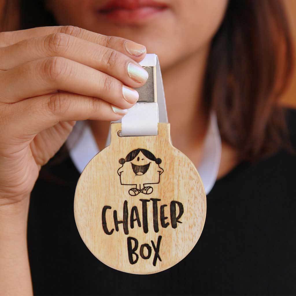 Chatterbox Funny Medal With Ribbon. Funny employee awards for talkative colleague. This will also make funny gifts for friends.