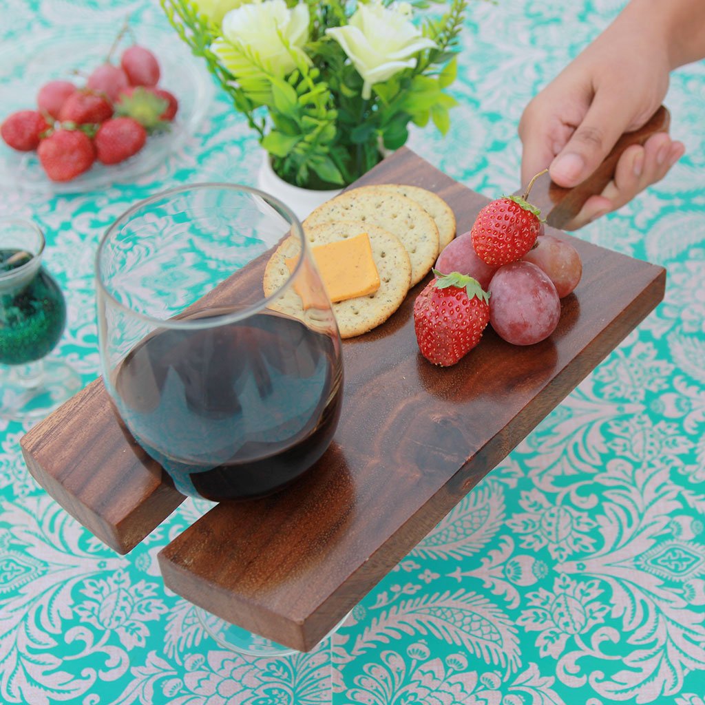 Wooden Cheese Serving Board With Wine Glass Holder - Wooden Wine Glass Holder & Tray - Wine Tray Glass Holder - Wine Plates That Hold A Glass - Cocktail Plates With Wine Glass Holder - Plate with Glass Holder - Appetizer Plates With Wine Glass Holder - Wine Holder Plates - Wine Tray Glass Holder - Wine Glass Tray - Bar Accessories - Wine Accessories - Woodgeek Store