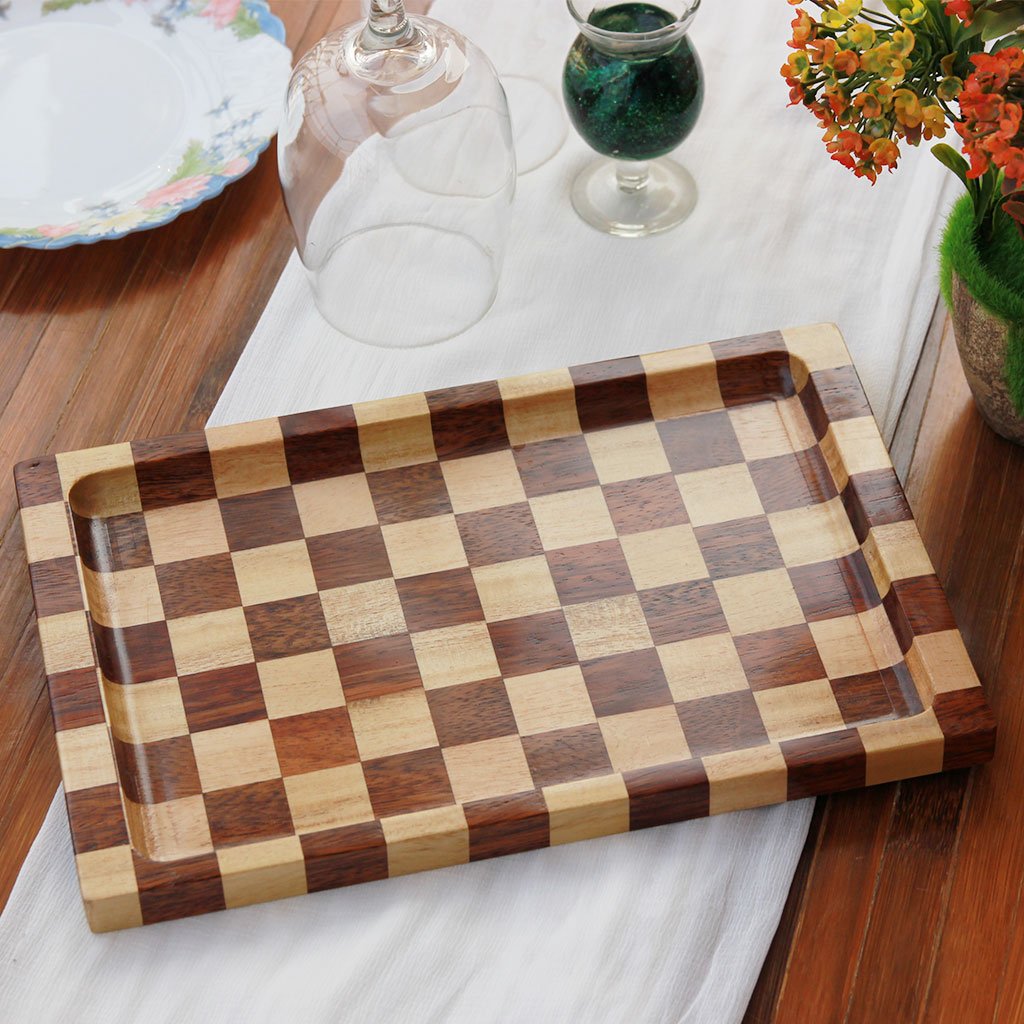 Chessboard Style Wooden Tray - Wooden Serving Tray - Coffee Serving Tray - Bar &amp; Cocktail Tray - Wooden Tea Tray - Wooden Food Trays - Small Wooden Tray - Decorative Wooden Serving Trays - Bed Serving Tray - Large Serving Tray - Rectangular Serving Tray - Kitchen Decor - Wooden Kitchen Accessories - Woodgeek Store