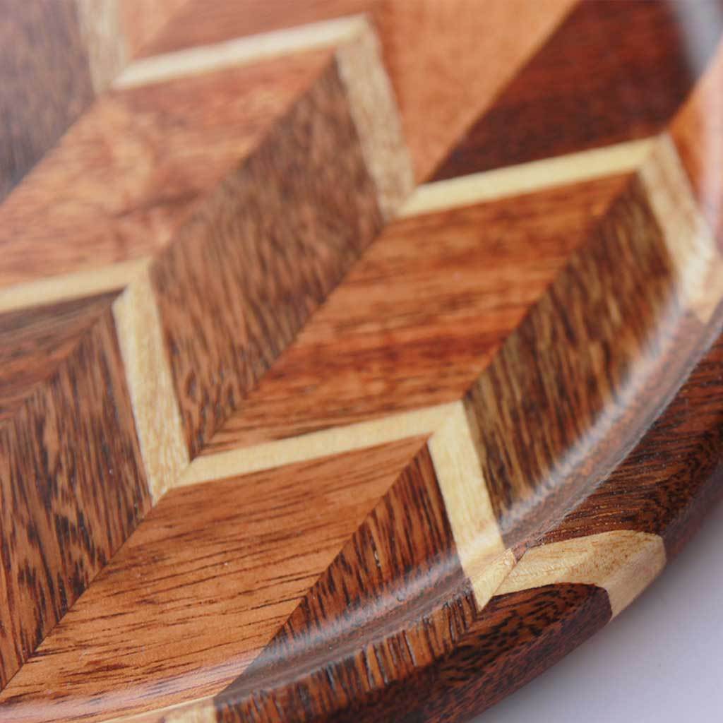 Chevron Pattern Round Wood Tray with a half inch deep groove