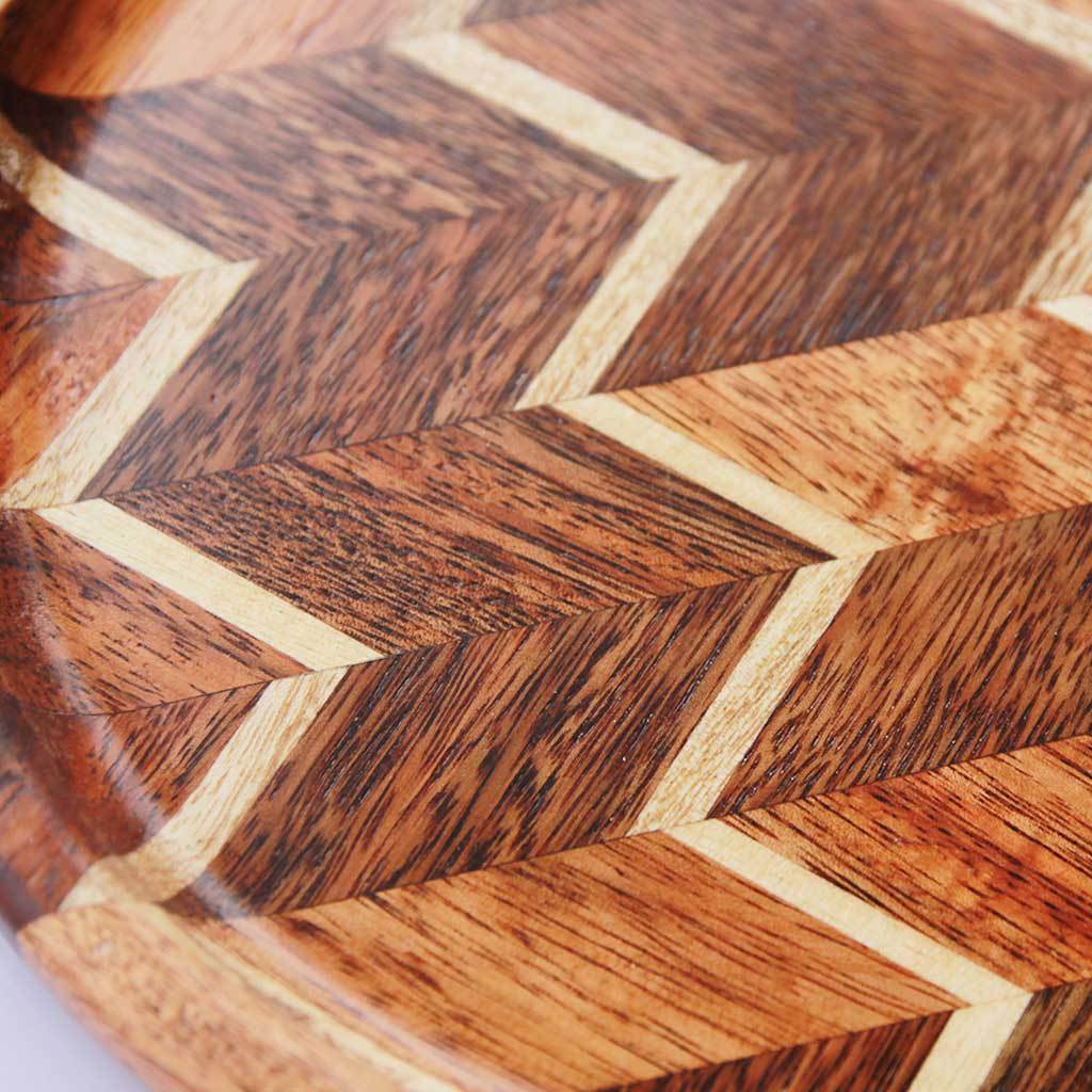 Chevron Pattern Round Wood Tray with a half inch deep groove