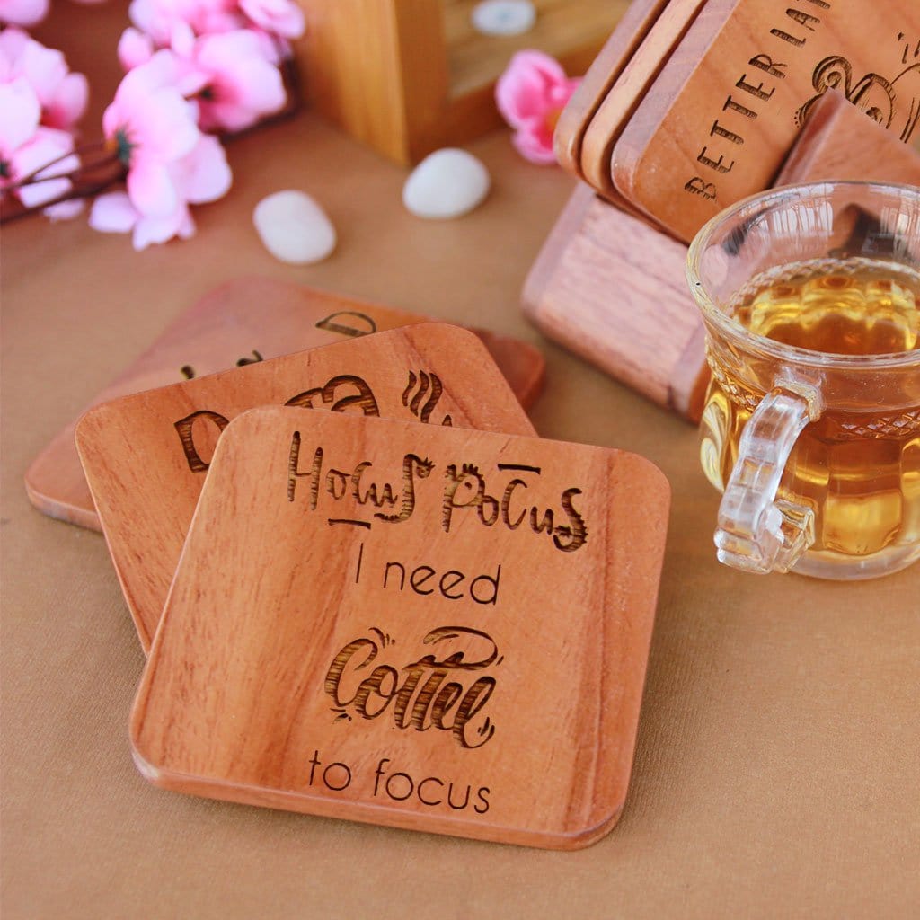 Hocus Pocus I need coffee to focus: Coffee Coasters. This Wooden Coaster Set Makes Great Gifts Foe Coffee Lovers. Mug Coasters &amp; Cup Coasters. Buy Coasters Online At Woodgeek Store
